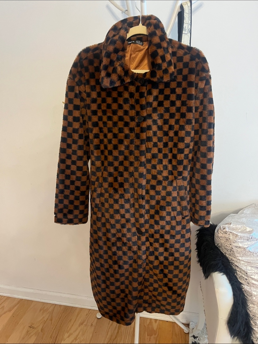SHEIN Brown and Black Checkerboard Faux Fur Pea Coat